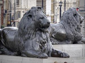 Two of the four lions in Trafalgar Square, one of the Landseer’s most famous works. At the base of Nelson's Column, 2021. License