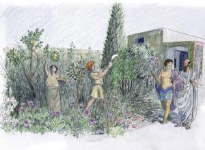 Artistic reconstruction of strollers and gardeners at work in the Casa della Regina Carolina garden. Dr. Tally-Schumacher’s work argues that the majority of garden laborers would have been enslaved individuals. Drawing: Yaniv Korman with permission. 