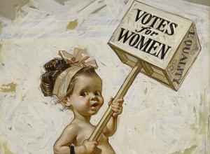 J.C. Leyendecker, detail of Votes for Women, Study for Saturday Evening Post Cover, January 1911. Oil on canvas. Baaby girl with hair tied back in a pink ribbon marches for women's sufferage, sign in hand. 