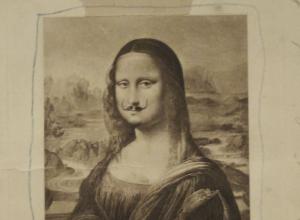 An early draft of Duchamp's mustachioed mona lisa. She is tapped on a background, etc. 