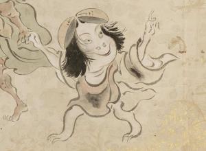 Kawaii detail of a little yokai girl from the Yoshimitsu Hyakki no Zu scroll, unknown author.