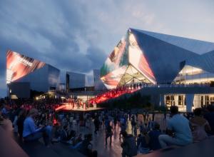 People attending an event held in the square in front of the European Film Centre CAMERIMAGE building, 2022. License