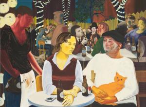 Nicole Eisenman (b. 1965, Verdun, France; lives in Brooklyn, NY), Beer Garden with Ulrike and Celeste, 2009. Oil on canvas; 65 × 82 in. (165.1 × 208.3 cm). Hall Collection. 