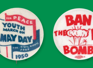 two anti-war buttons on a gree background