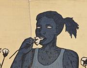 Alison Saar, detail of Cotton Eater, edition 1/6, 2014. Woodcut on found sugar sack quilt. 72 x 34 in.