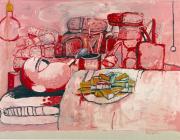 Philip Guston painting in pinks and red of a figure reclining in a bed with a plate of food on their chest