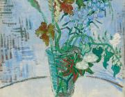 Van Gogh still life of flowers in a glass vase on a table top with a blue cross-hatched wall behind