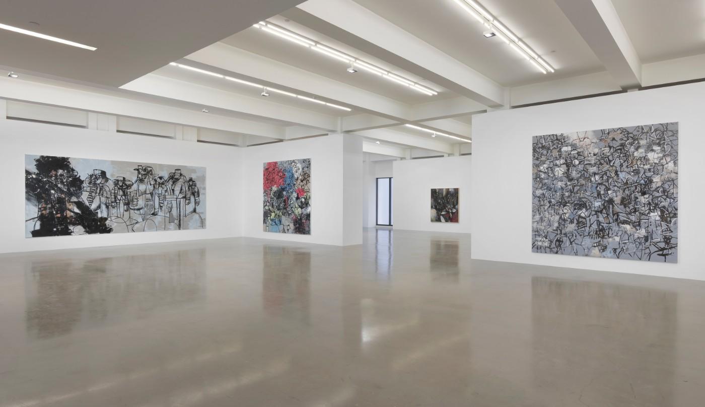Installation view, George Condo: What’s the Point?, at Sprüth Magers in Los Angeles through June 1, including Shorty and His Gang​​​​​​​, left