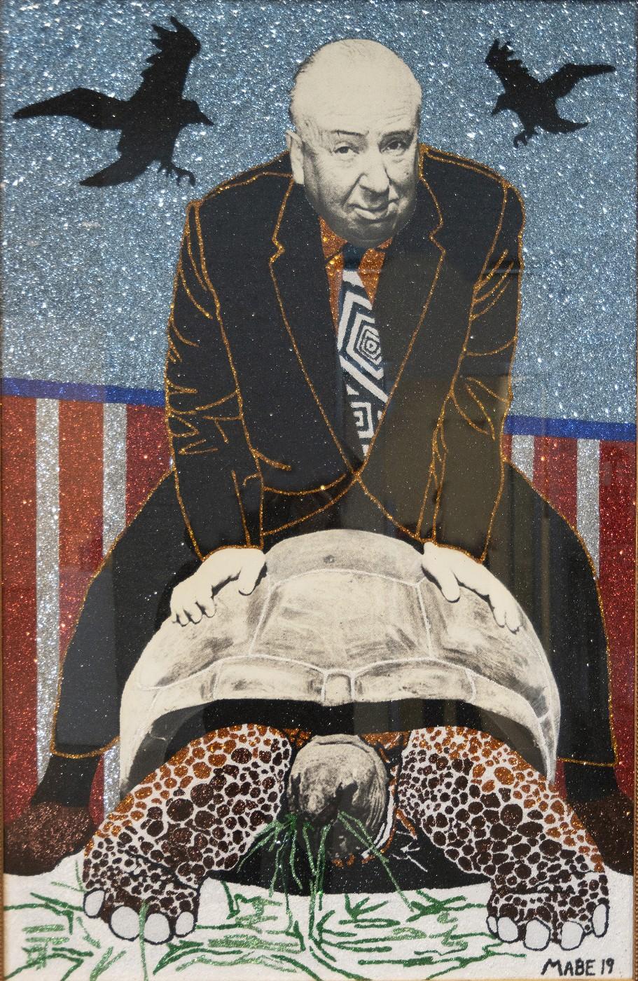 Joni Mabe, Hitchcock on a Tortoise, 2019, Glitter print, form core, PVA, glitter​​​​​​​