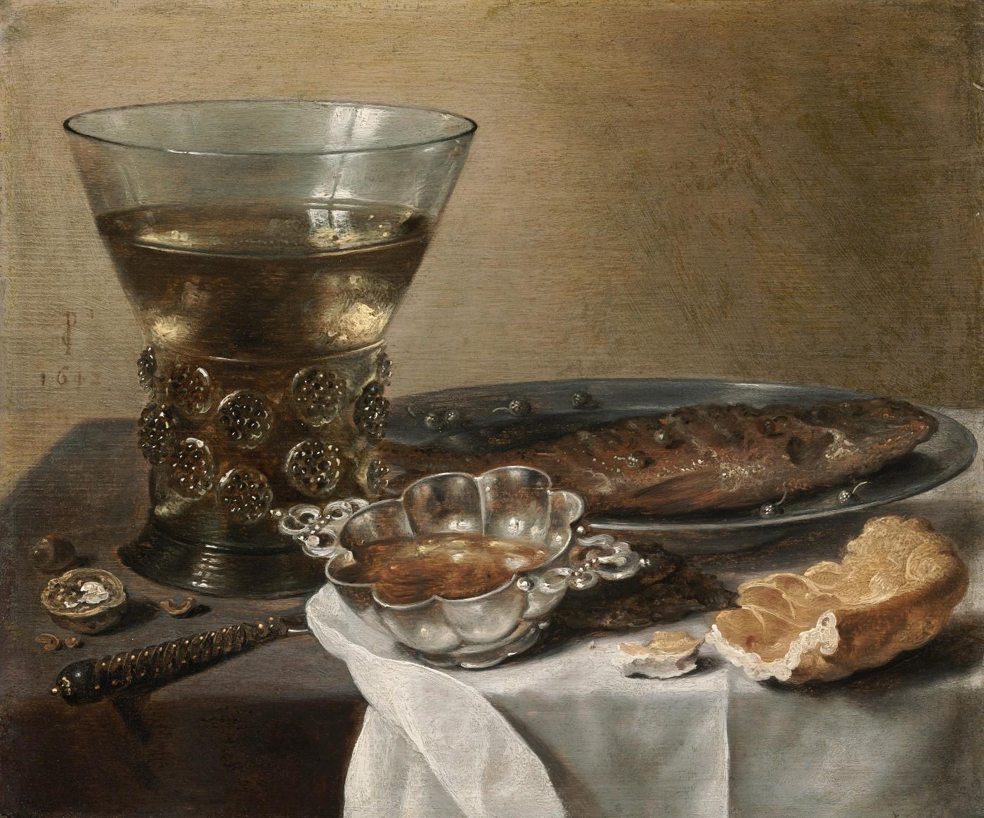 Pieter Claesz (Dutch, about 1597–1660), Still Life with Silver Brandy Bowl, Wine Glass, Herring, and Bread, 1642