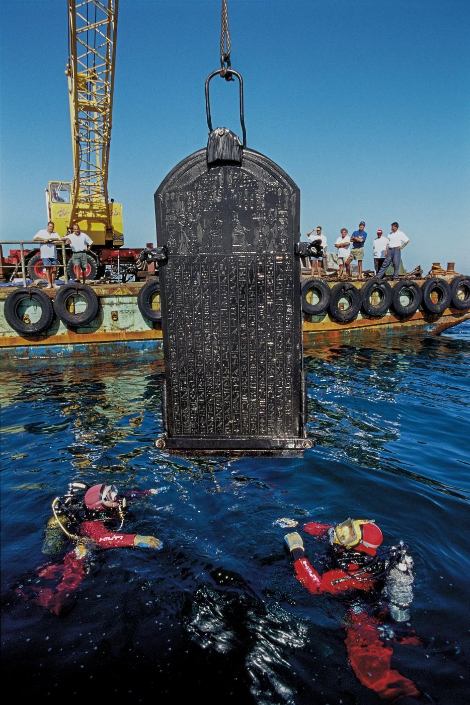 The stele of Thonis-Heracleion being raised out of the waters of the Bay Aboukir, Thonis-Heracleion, Aboukir Bay, Egypt