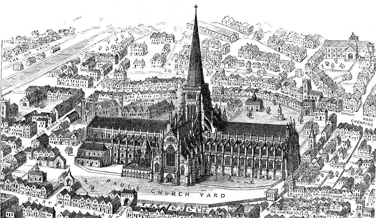 Old St Paul's Cathedral in London from "Early Christian Architecture" by Francis Bond (1913)