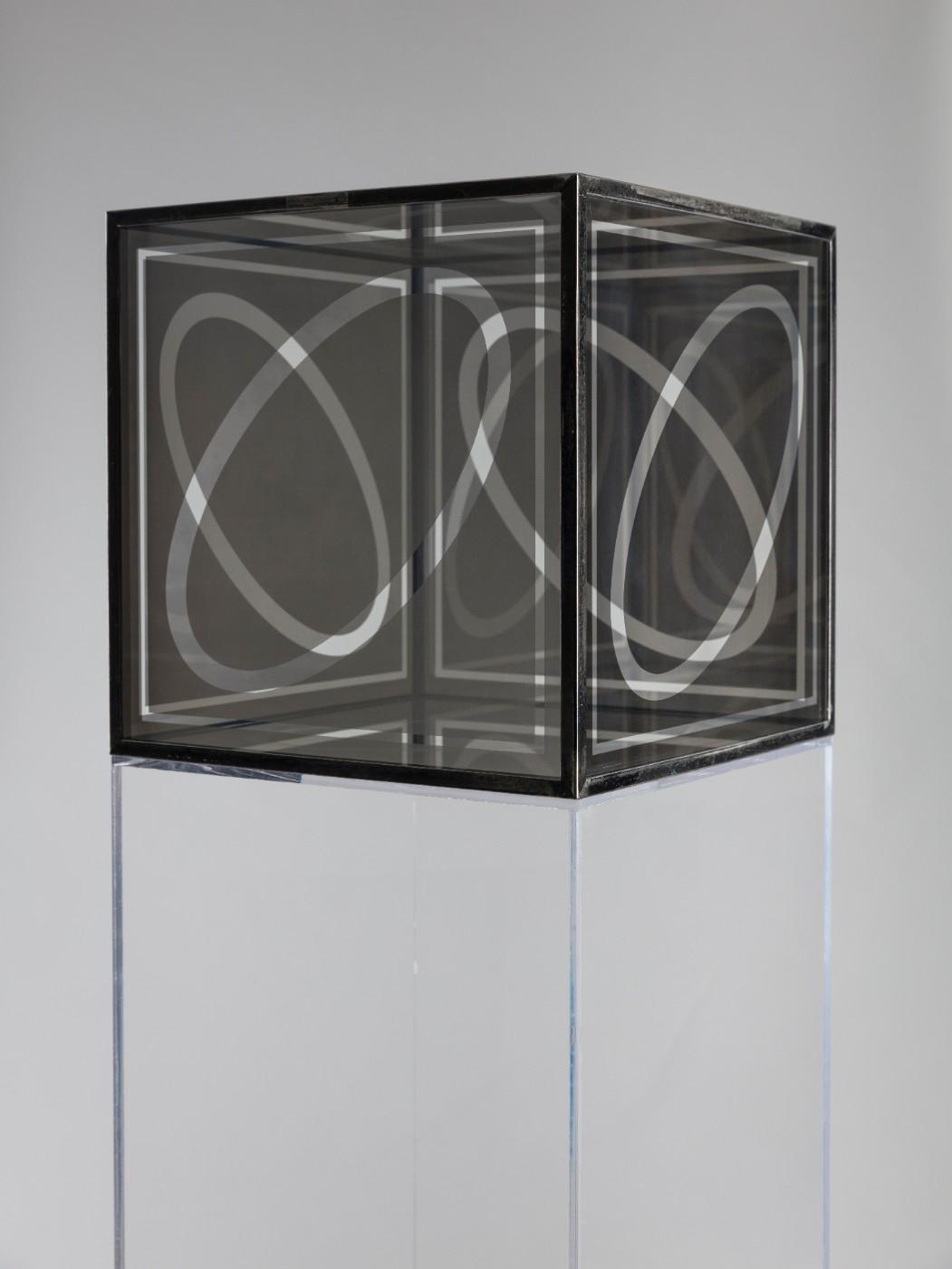 Larry Bell, Untitled (Cube 12”), 1964. Nickel plated glass and chrome plated brass.
