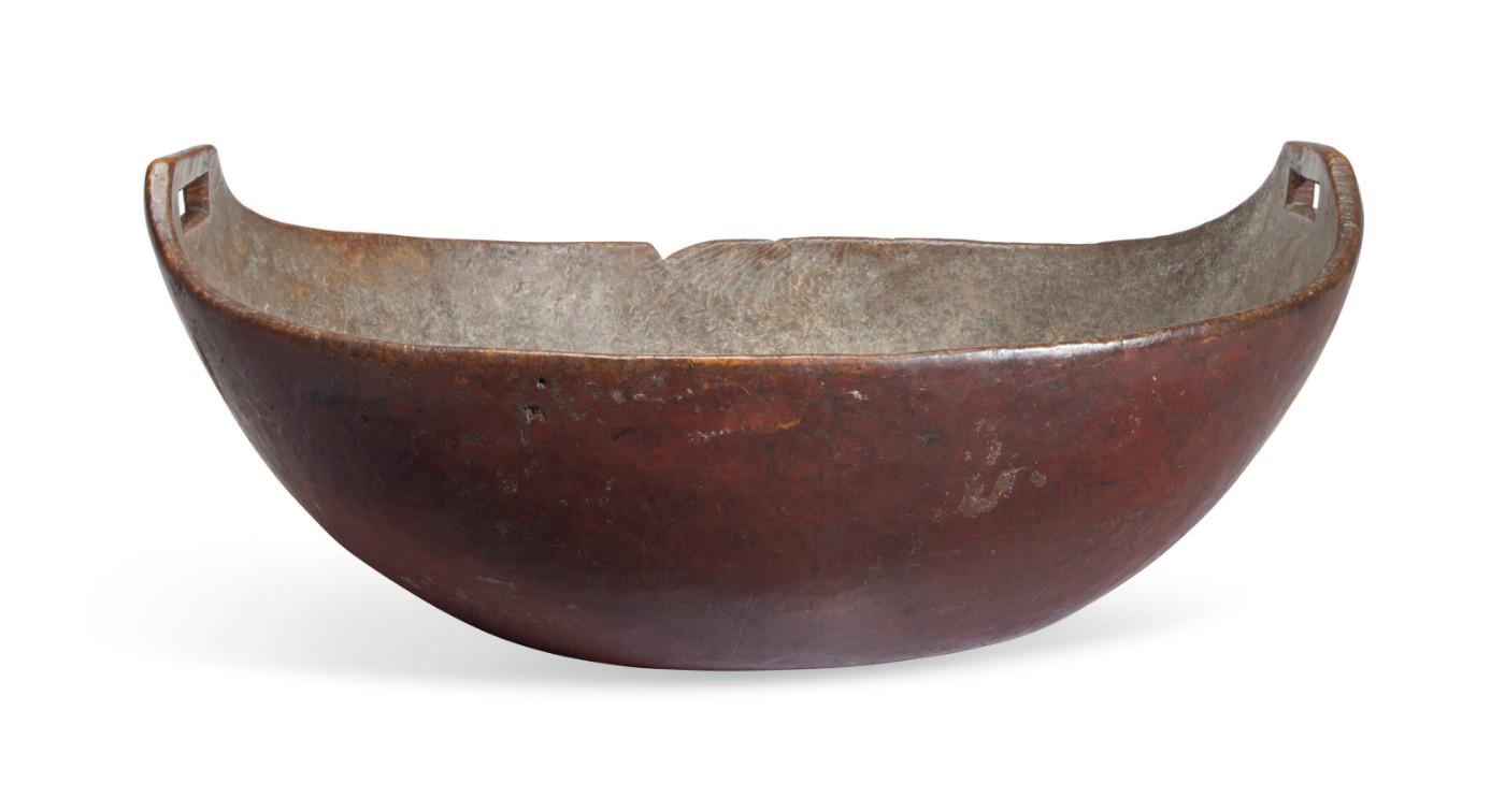 A Large Native American Red-Painted Burlwood Open-Handled Bowl, American, Possibly Northeastern Woodlands, Late 17th/Early 18th Century