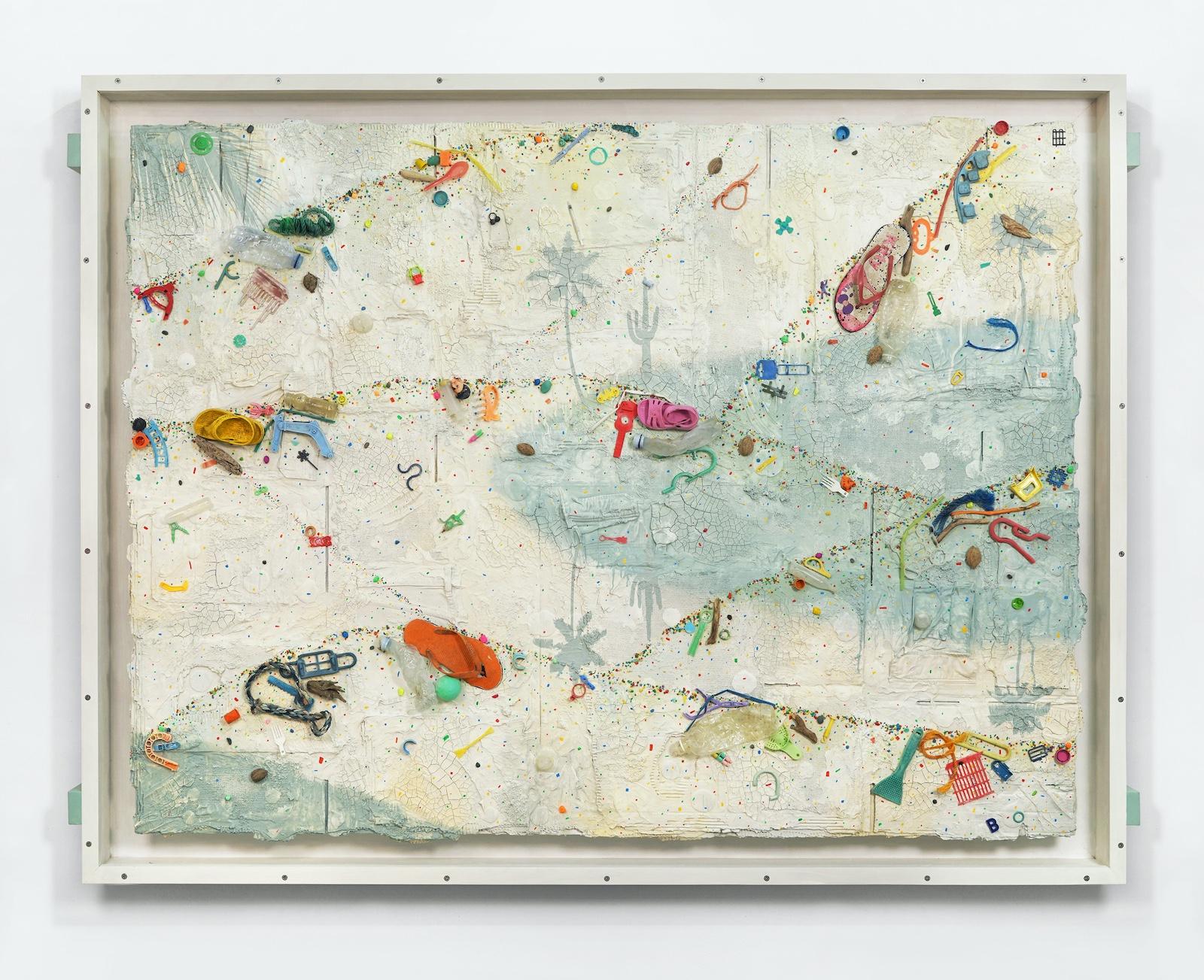Ashley Bickerton, Dawn Estuary, 2020. Canvas looks like the surface of water or a hazy sky. Sprinkled with artist's trademark beach debris and textured paint. 