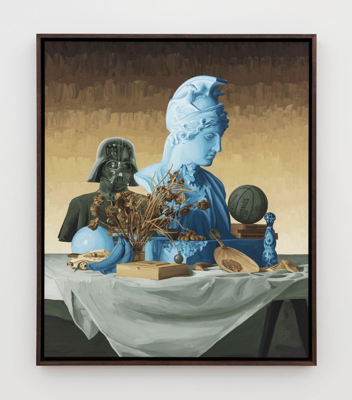 Daniel Arsham. Still Life with Bust of Deified Rome Blue, 2023. Acrylic on canvas. Framed: 75 1/2 x 63 1/2 inch. Photographer: Guillaume Ziccarelli. Courtesy Perrotin. © & TM Lucasfilm Ltd. © 2023 Daniel Arsham, Inc. 