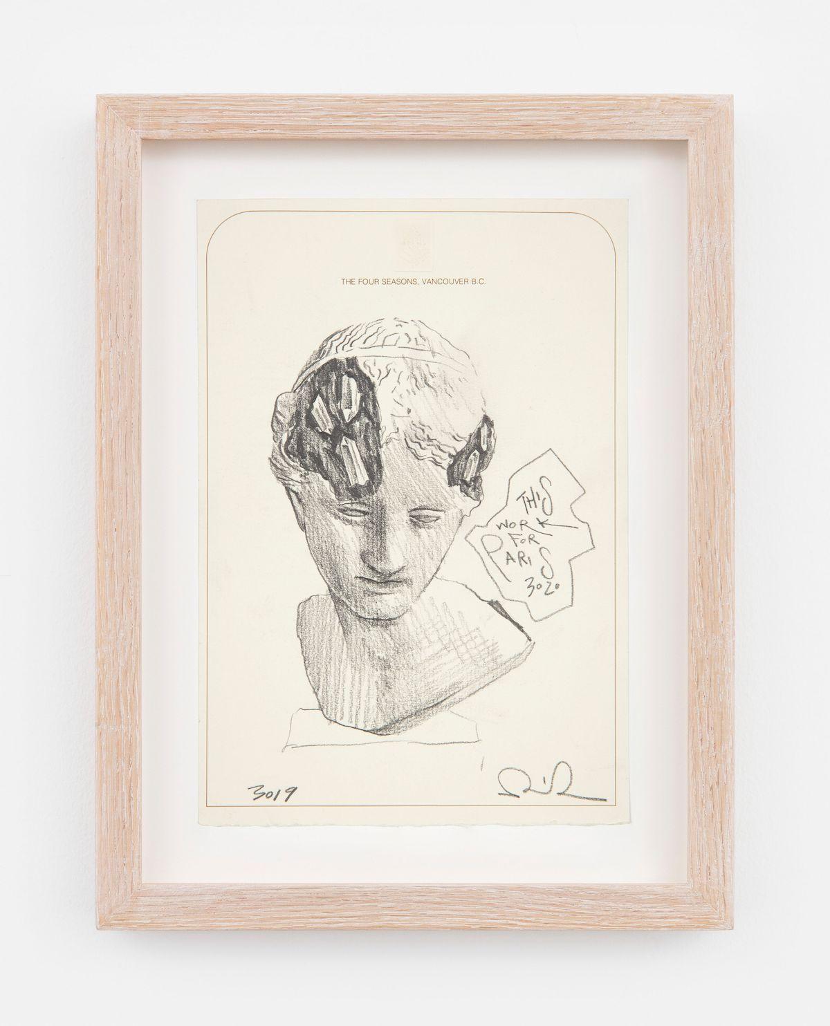 Daniel Arsham, The Four Seasons Vancouver: Study for Eroded Bust of Venus of Arles, 2023. Graphite on paper. 8 7/8 x 6 1/8 inch. Photo: Guillaume Ziccarelli. Courtesy of the artist and Perrotin.