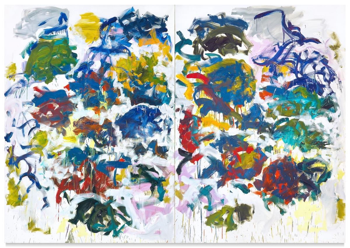 Joan Mitchell, Sunflowers, 1990-91. Oil on canvas, in two parts, 110 ¼ x 157 ½ in. / 280 x 400 cm. Courtesy Sotheby's
