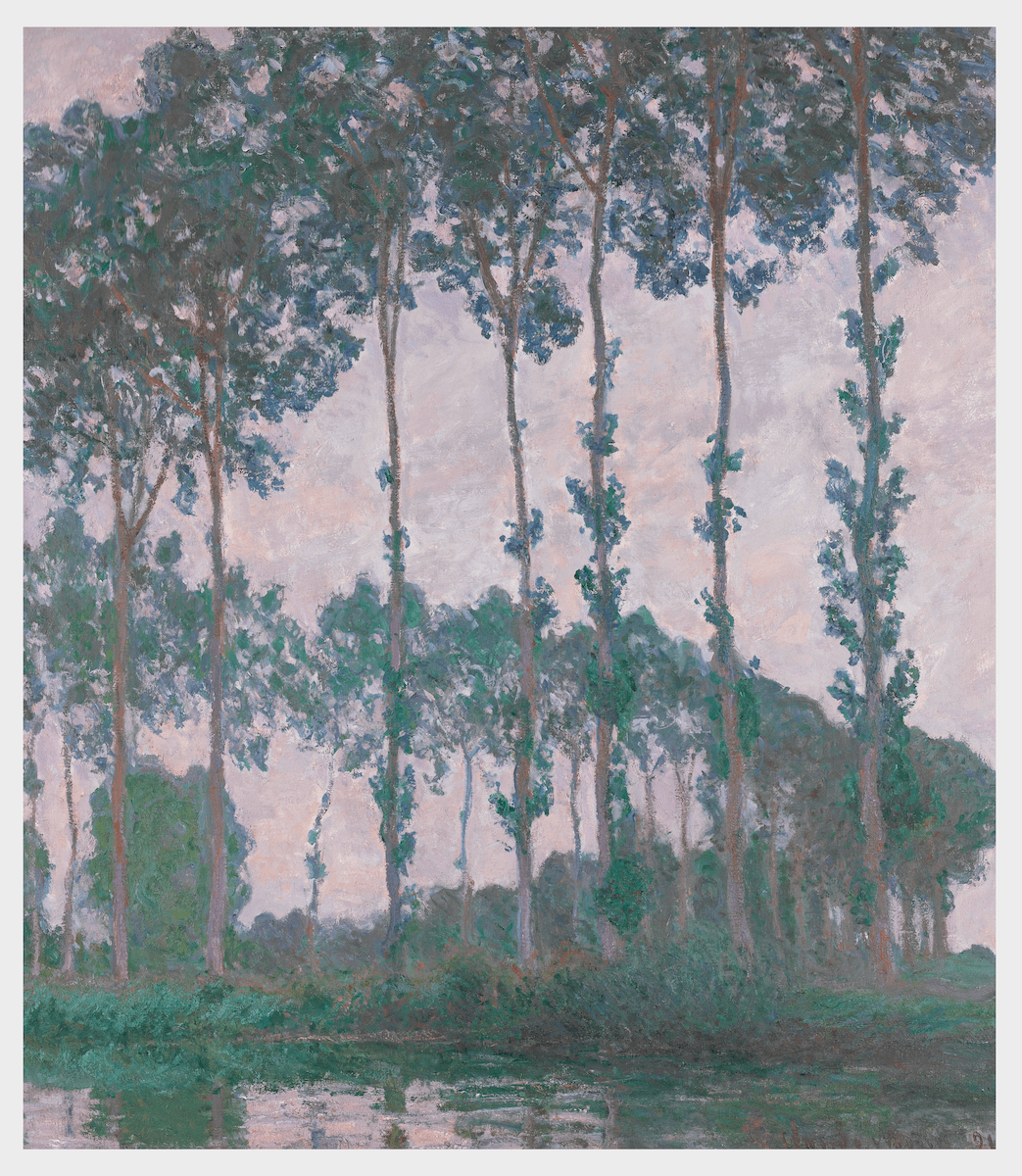 Claude Monet, Peupliers au bord de l’Epte, temps couvert, 1891. Oil on canvas. 36 by 32 ⅛ in. 91.5 by 81.5 cm. Courtesy Sotheby's. 