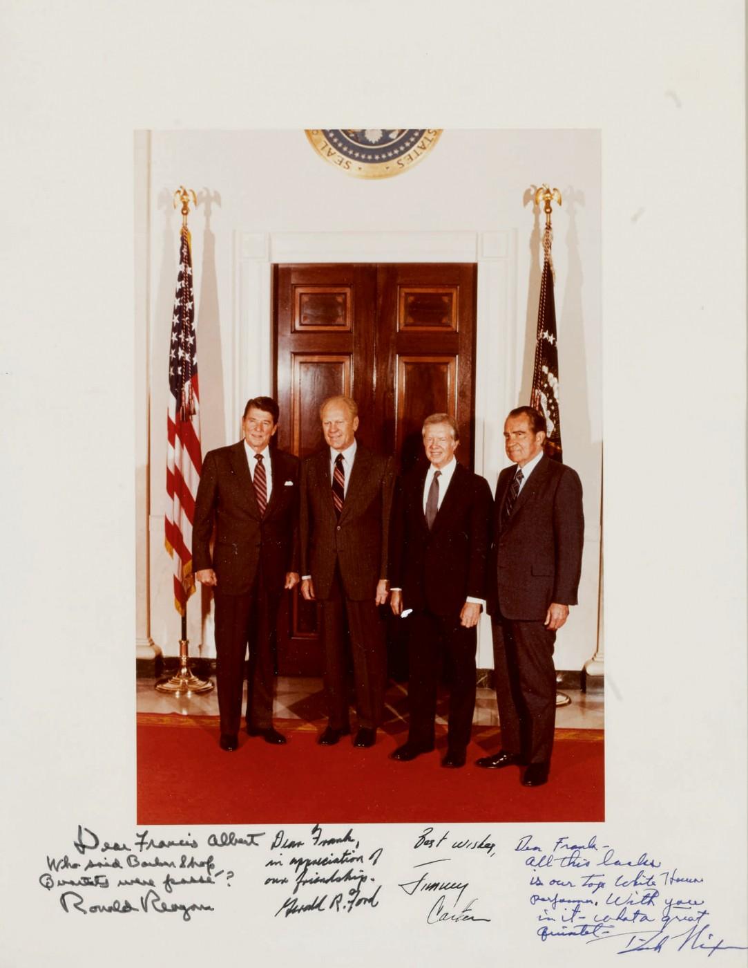 Color Photograph Inscribed to Frank Sinatra by Ronald Reagan, Gerald Ford, Jimmy Carter and Richard Nixon. 