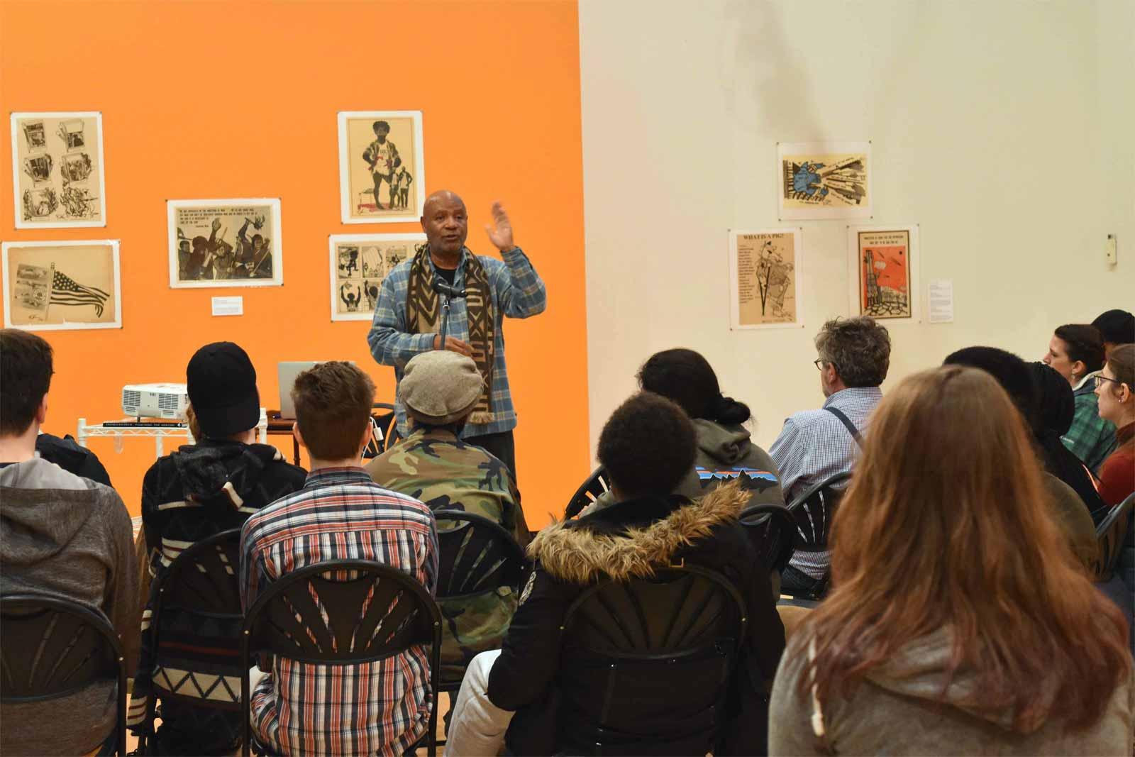 Emory Douglas in conversation with students at the Denison Museum, 2018.