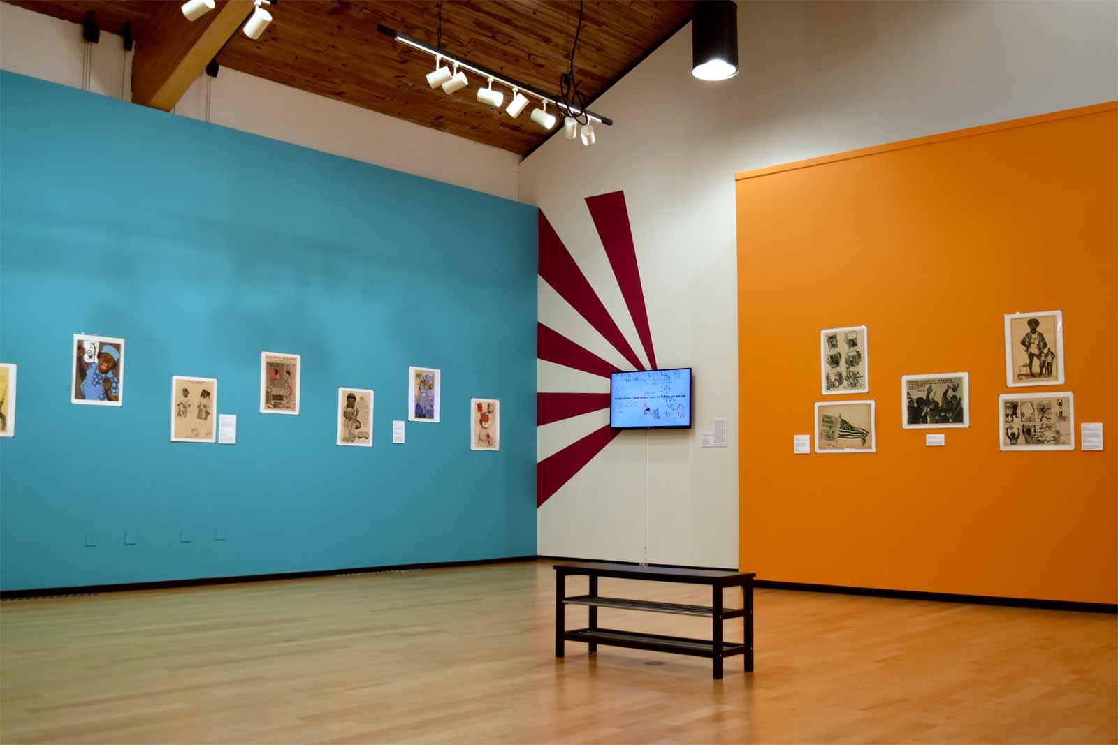 Installation view, Emory Douglas: Revolutionary Artist of the Black Panthers at the Denison Museum