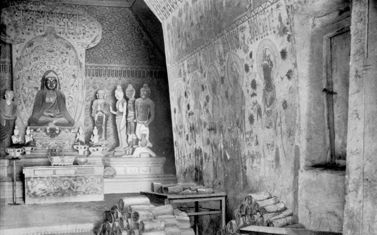 Stein's photograph of the entrance to the Library Cave at Dunhuang.