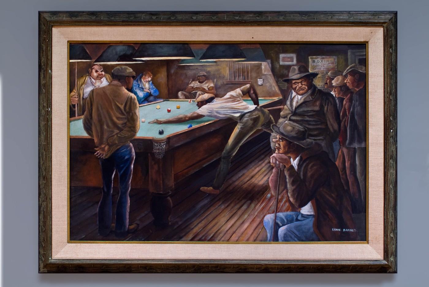 Ernie Barnes, Pool Hall, c. 1970. Oil on canvas. Collection of California African American Museum.