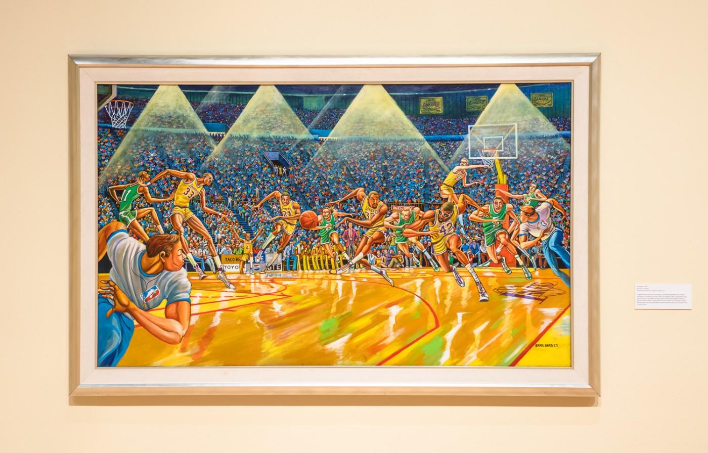 Ernie Barnes, Fastbreak, 1987. Acrylic on canvas. Collection of The Los Angeles Lakers, Inc.