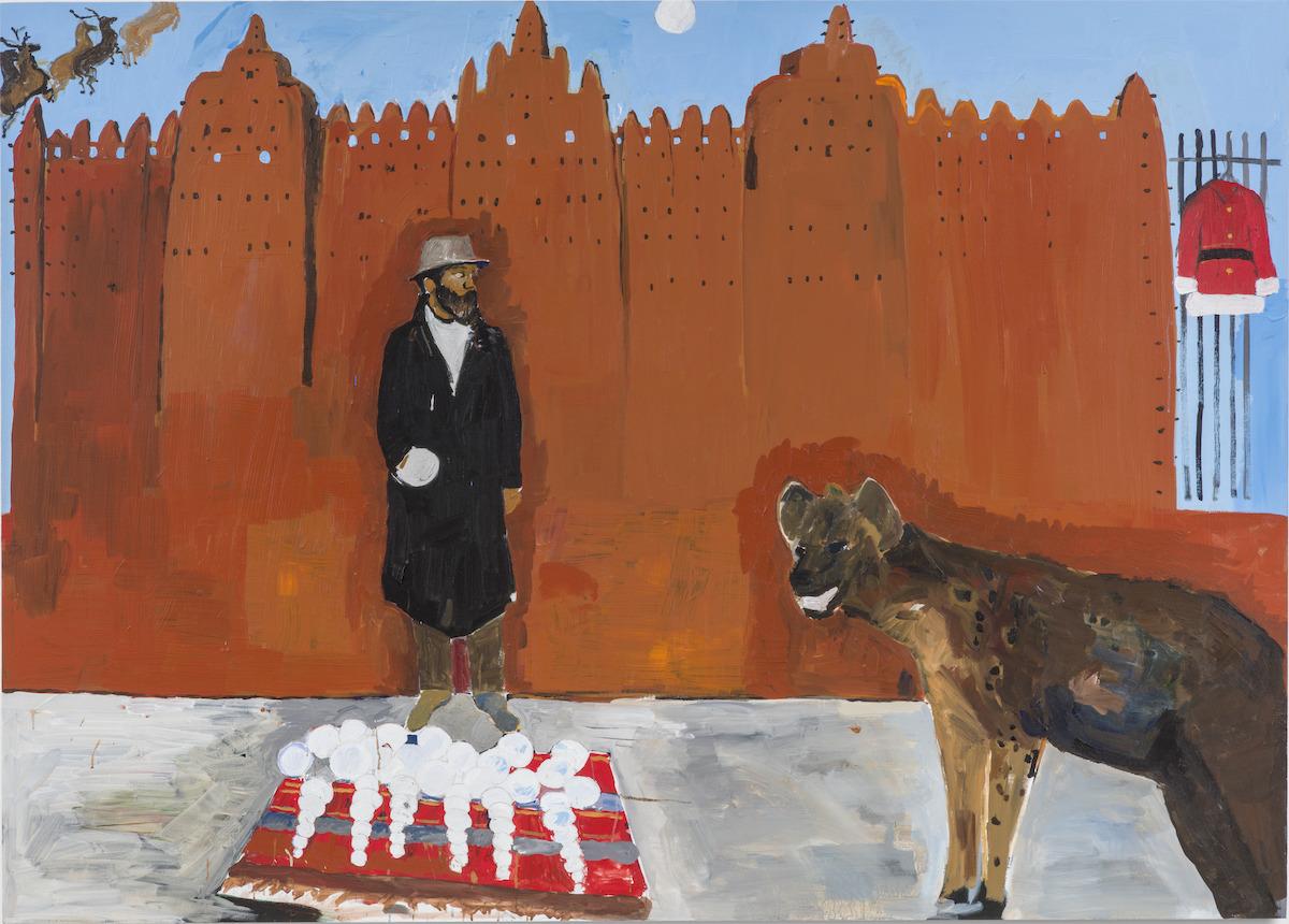 Henry Taylor, Hammons meets a hyena on holiday, 2016. Acrylic on canvas, 60 × 84 1/4 in. (152.4 × 214 cm). Nasher Museum of Art at Duke University; museum purchase with additional funds provided by the Blackburn Endowment and Nasher Annual Fund. © Henry Taylor. Courtesy the artist and Hauser & Wirth. Photograph by Joshua White
