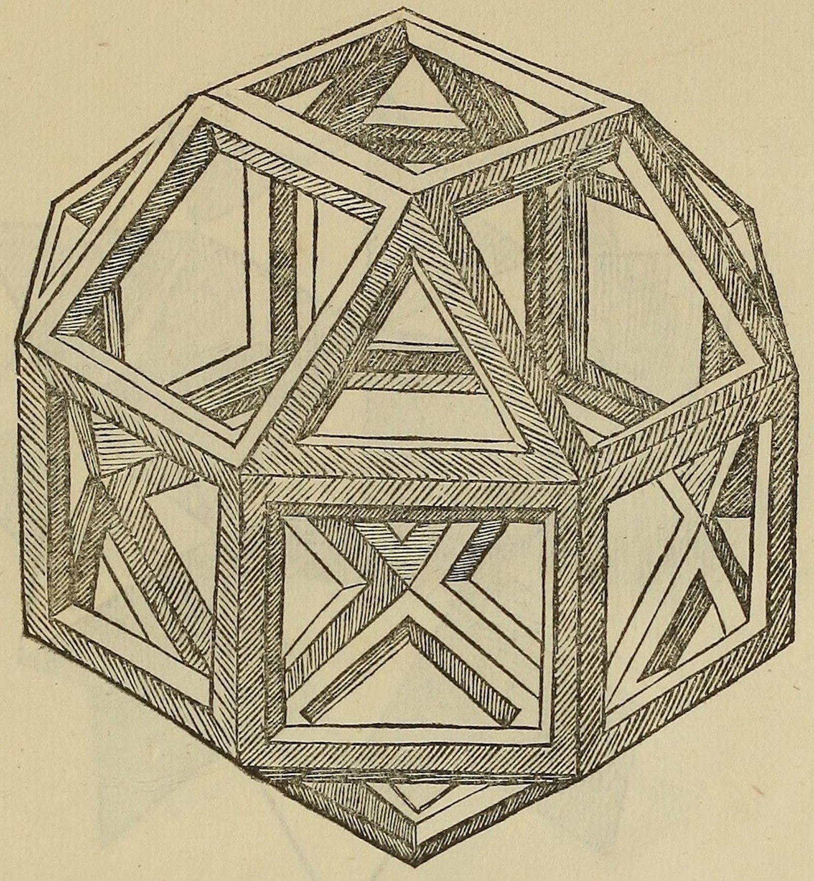 Geometric shape rendered as though it was constructed with bars in a hollow, cage-like fashion. 