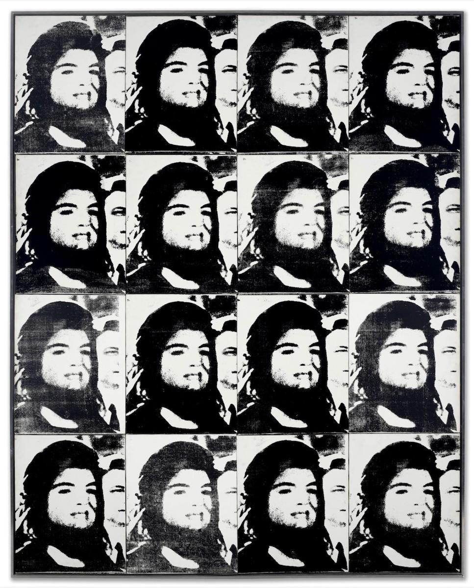 Andy Warhol, Sixteen Jackies, 1964. Silkscreen ink on linen, in sixteen parts, 80 x 64 in. / 203.2 x 162.6 cm. Courtesy Christie’s.