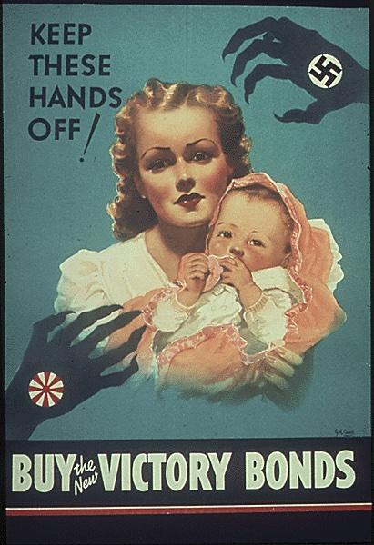 Keep these hands off!  two menacing hands hovering over a mother and her child