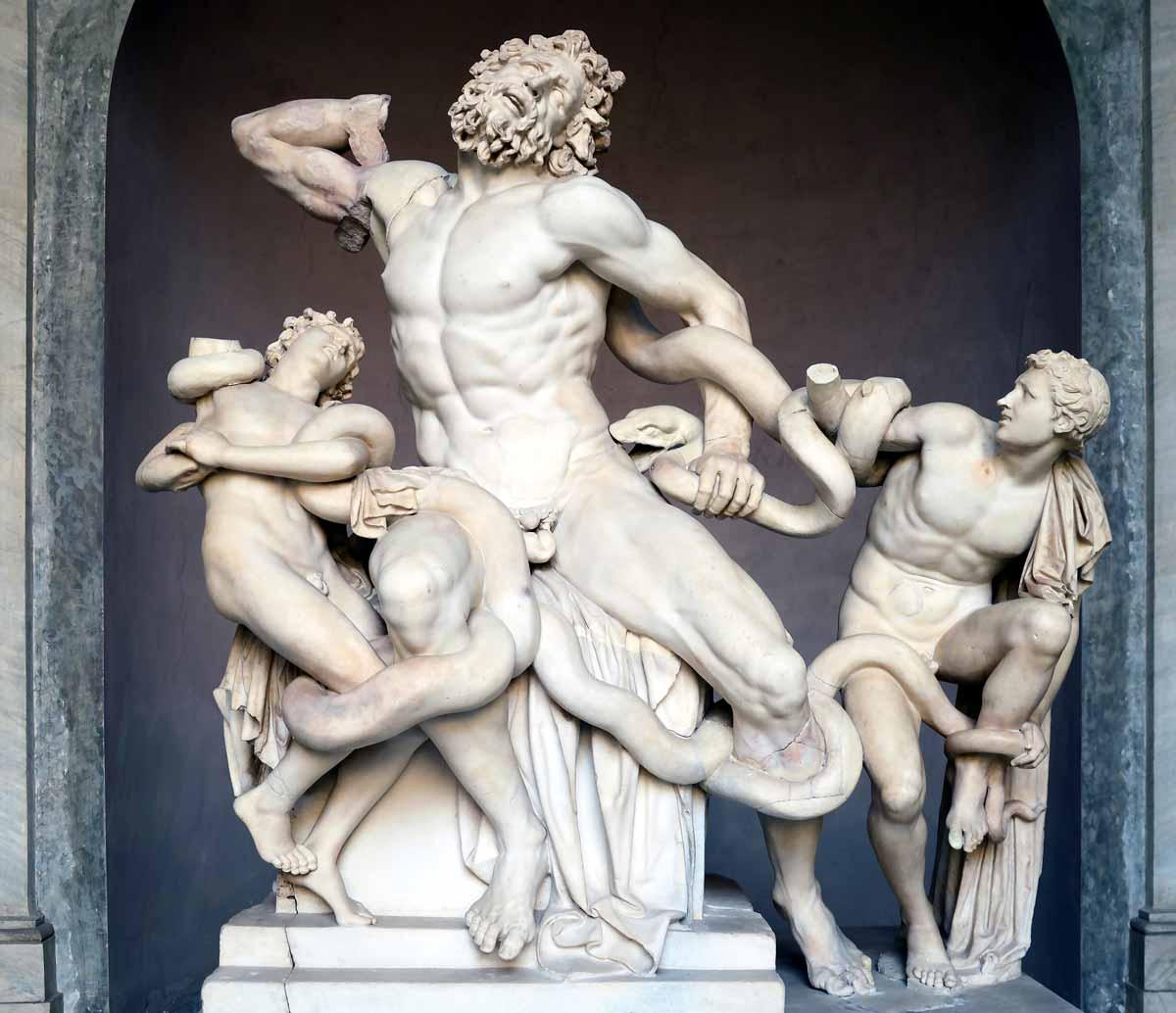 Laocoön and his sons, also known as the Laocoön Group. Marble, copy after an Hellenistic original from c. 200 BC. Found in the Baths of Trajan, 1506.