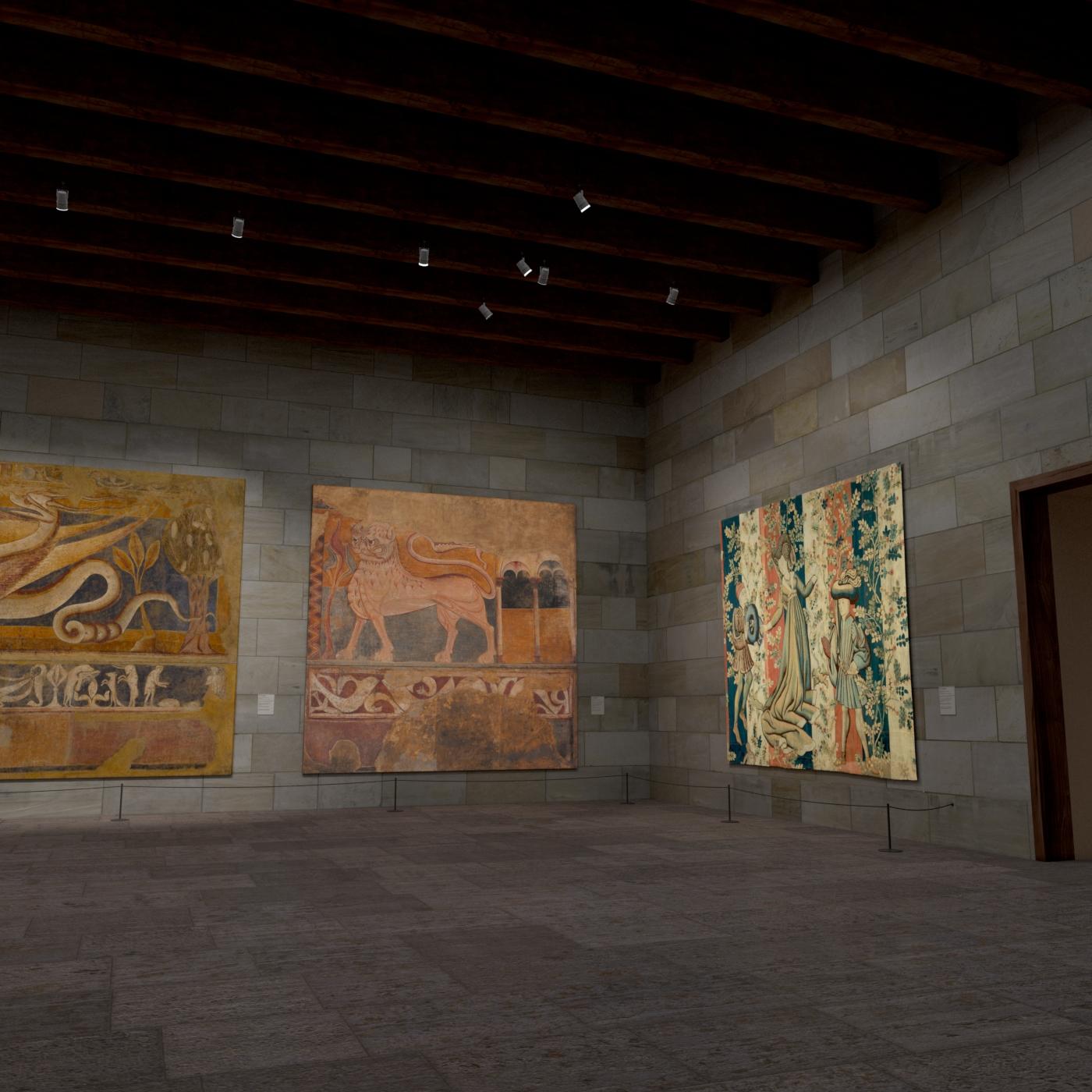Digitally rendered view of The Met Cloisters, gallery 1. The room made of large stone and frescos of large creatures are on display.  
