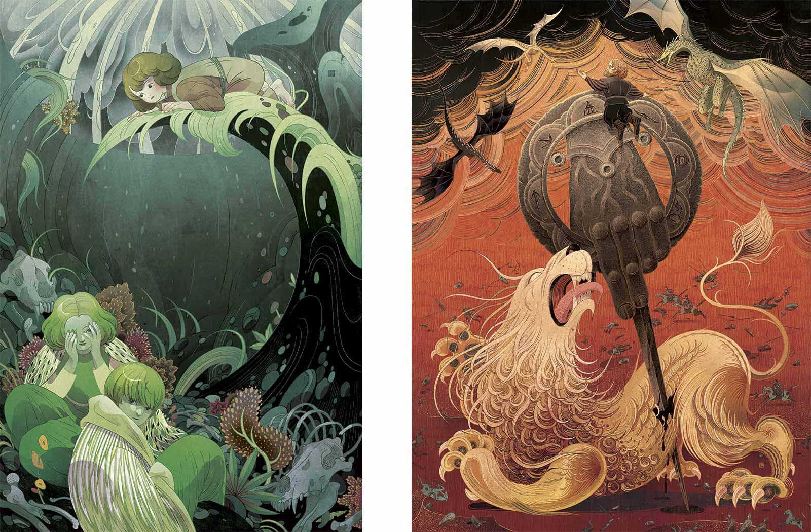 Victo Ngai, The Green Children of Woolpit (left) and The Hand of the Queen (right)