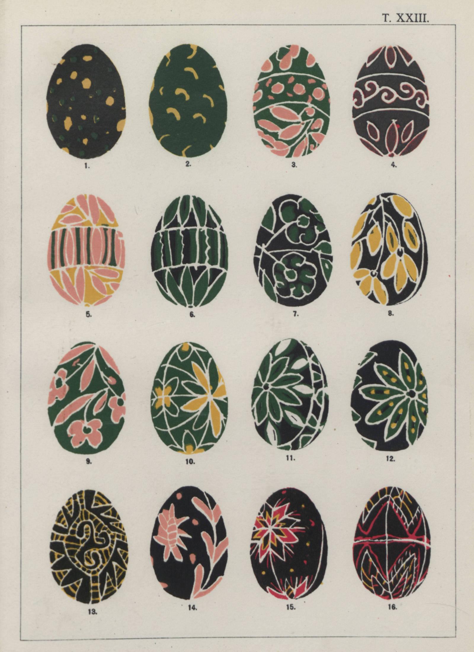Primarily green, black, white and purple pysanky designs. plate 23 of Opisanīe kollektsii narodnykh pisanok, 1899