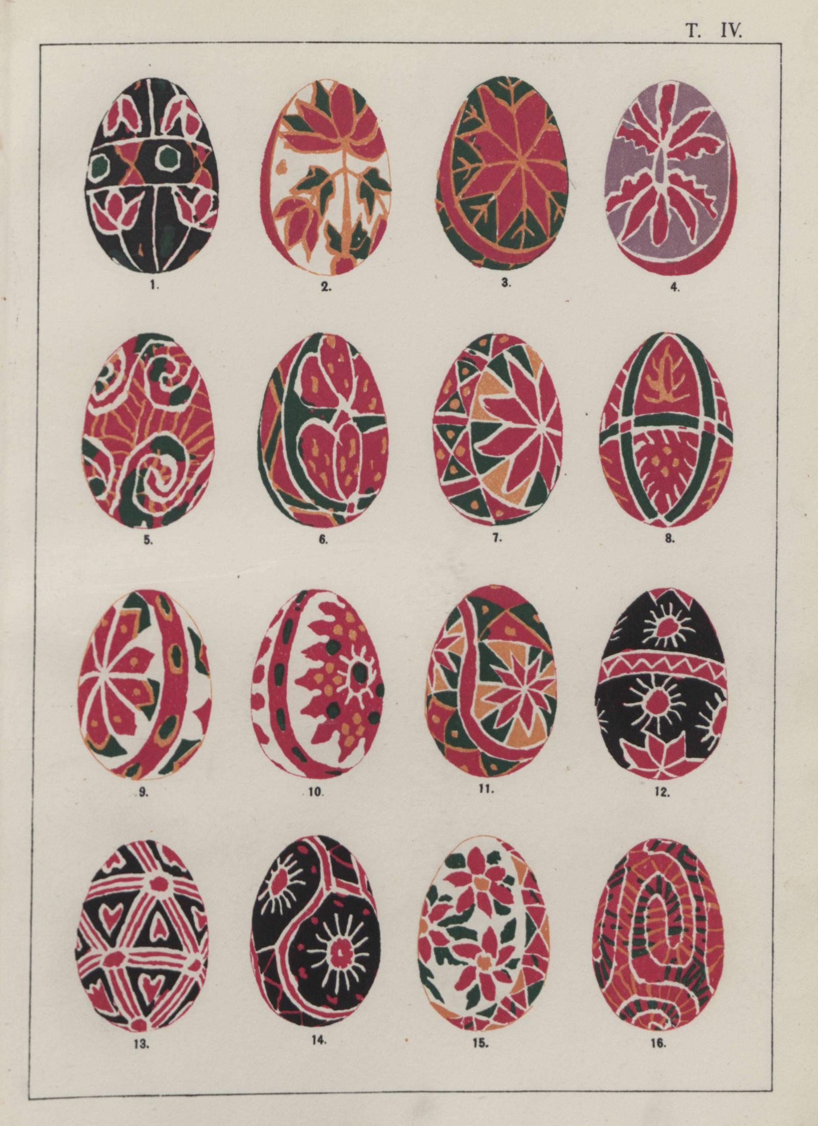 Primarily red and white pysanky designs. plate 4 of Opisanīe kollektsii narodnykh pisanok, 1899