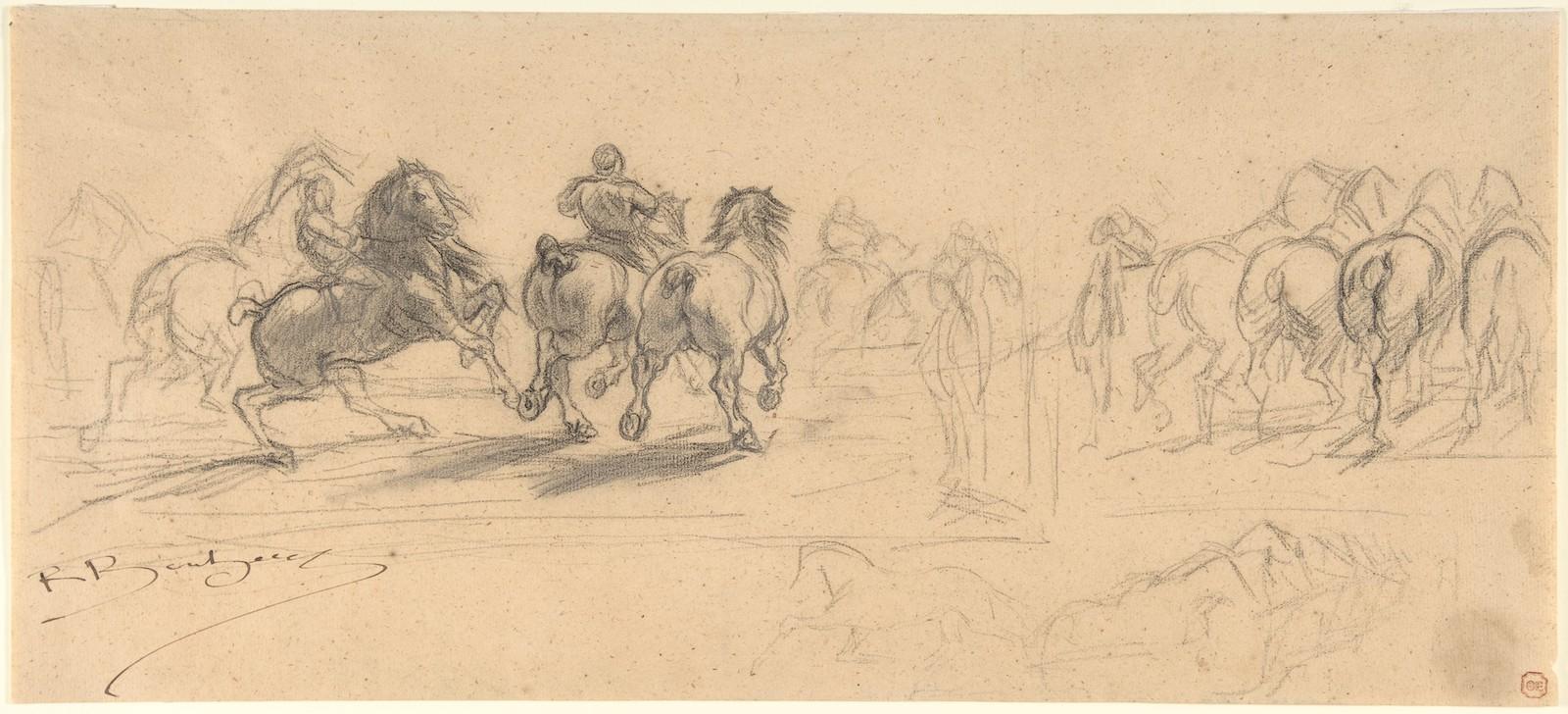 Rosa Bonheur, Study for The Horse Fair, 1840-99. Black chalk and graphite. 7 1:4 x 16 3:16 in. (18.4 x 41.1cm). The Met. Gift of Alexander Johnson and Roberta Olson, in honor of Jacob Bean, 1991. 1991.463.
