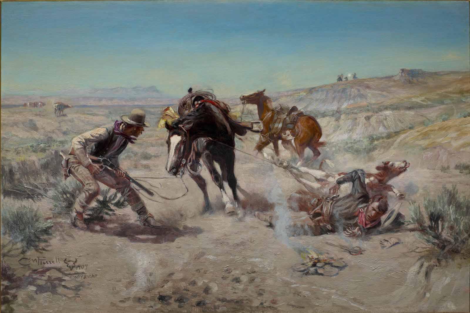 dramatically arranged tableau of cowboys and horses (perhaps mid-training) placed in a typical american west desert landscape below a clear, blue sky