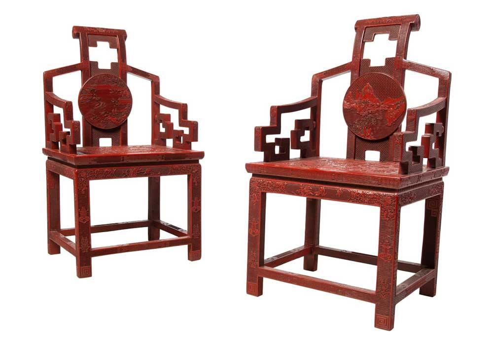 An Exceptional Pair of Chinese Carved Cinnabar Lacquer Court Chairs with Peony and Landscape Motifs