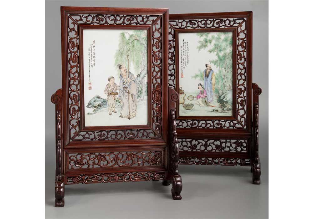 A Pair of Wang Dafan Porcelain and Hardwood Table Screens, Republic Period