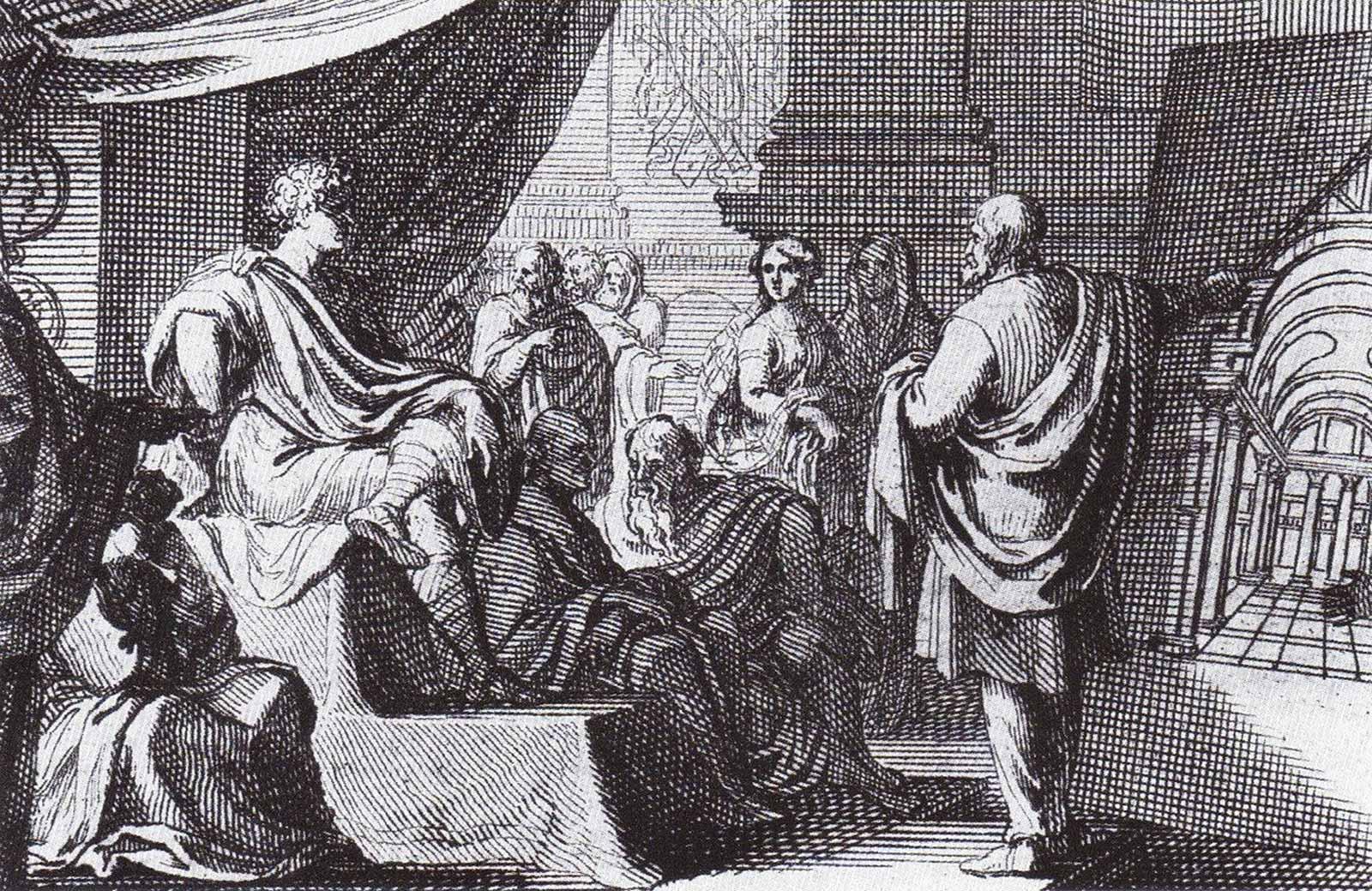 Sebastian Le Clerc, A depiction of Vitruvius presenting De Architectura to Augustus, 1684.