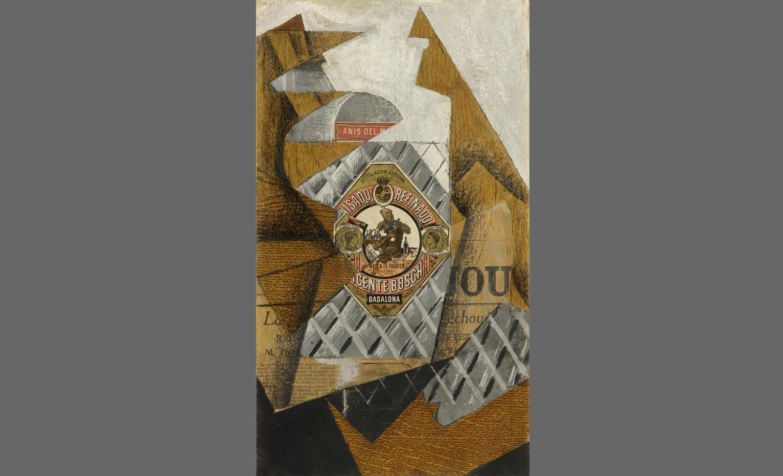 Juan Gris, La bouteille d'Anis, 1914, oil, collage and graphite on canvas.