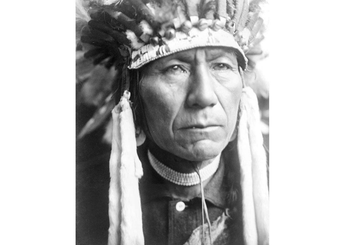 Head-and-shoulders portrait of Nez Percé man in full feather headdress, 1910.