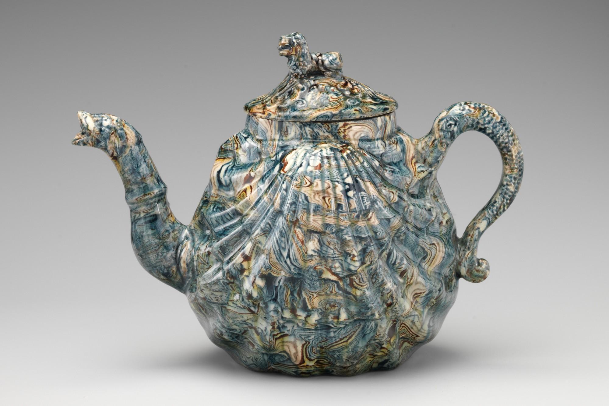 Style of Whieldon type, Teapot with cover, mid-18th century. Solid agateware.
