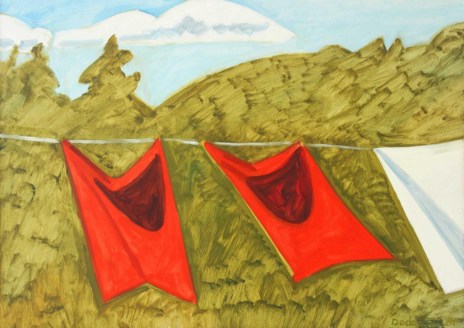 Lois Dodd, Two Red Drapes and Part of a White Sheet, 1981
