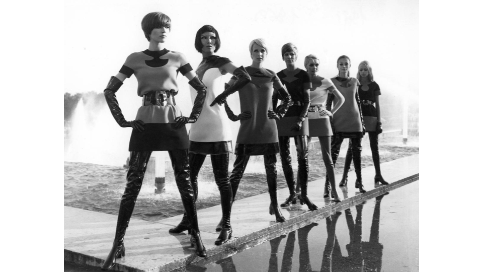Pierre Cardin two-tone jersey dresses, with vinyl waders, 1969.