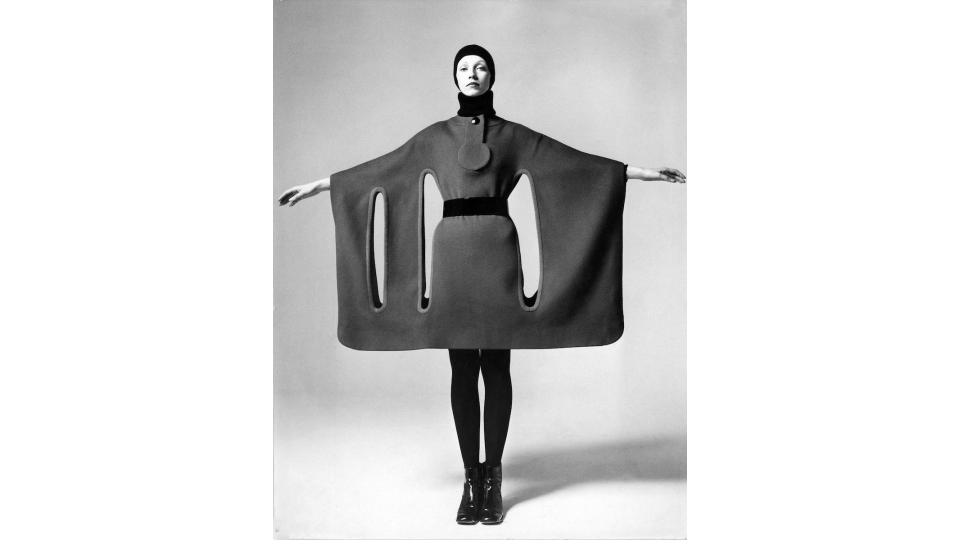 Pierre Cardin wool dress with cutouts, 1971.