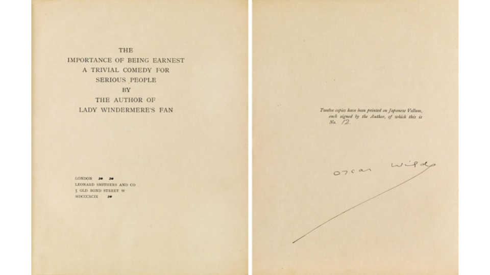 Oscar Wilde, The Importance of Being Earnest, A Trivial Comedy for Serious People, extra-limited first edition, signed, London, 1899. 